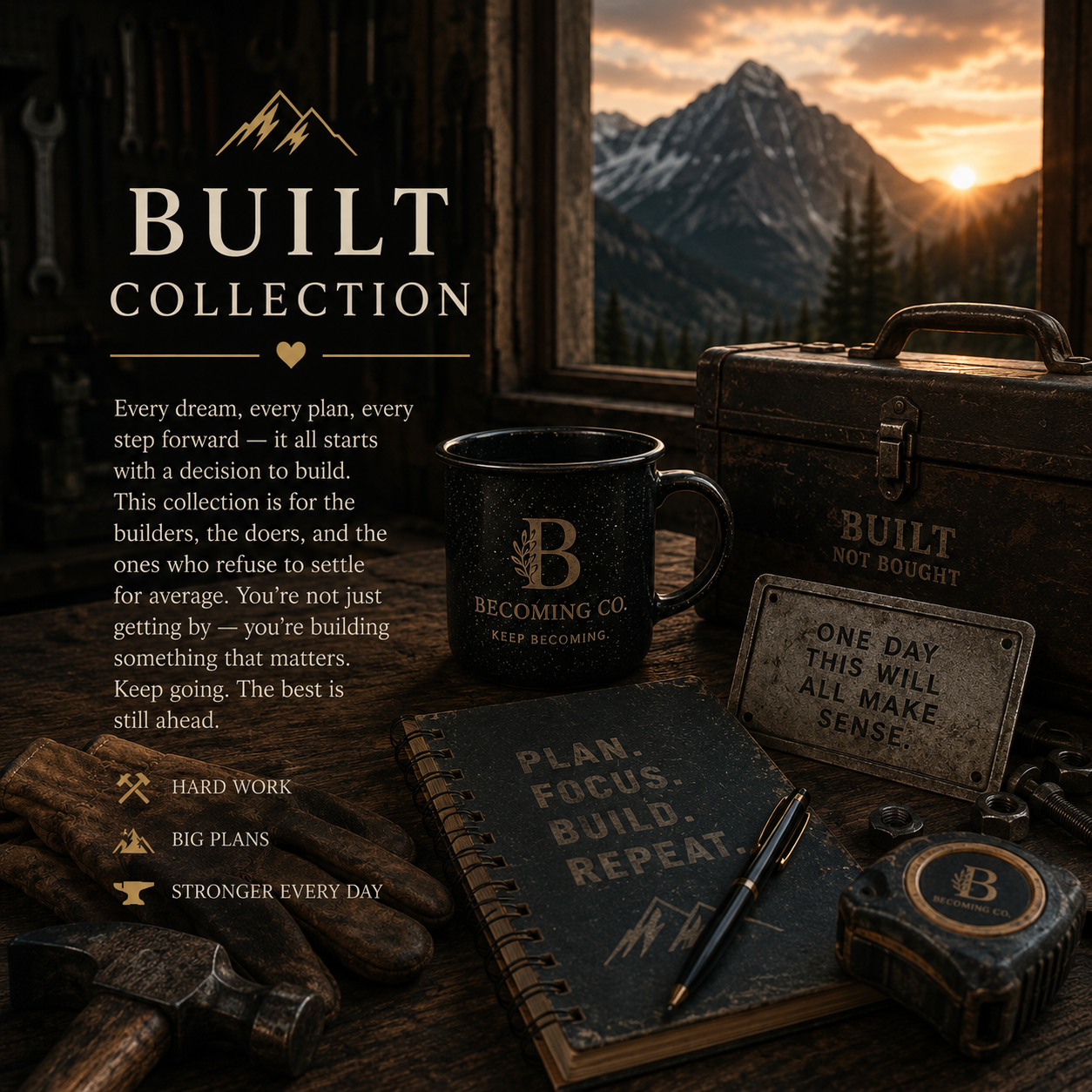 Built Collection - Becoming Co. mug, journal and toolbox with mountain sunset backdrop