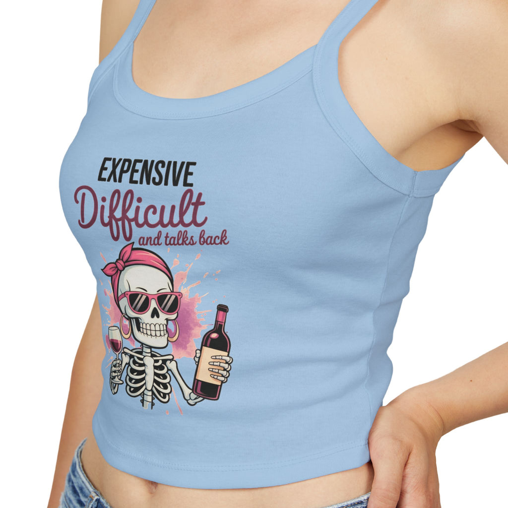 Funny Skeleton Wine Tank Top – Expensive Difficult Graphic Tee, Sassy Women’s Crop Tank, Wine Lover Shirt