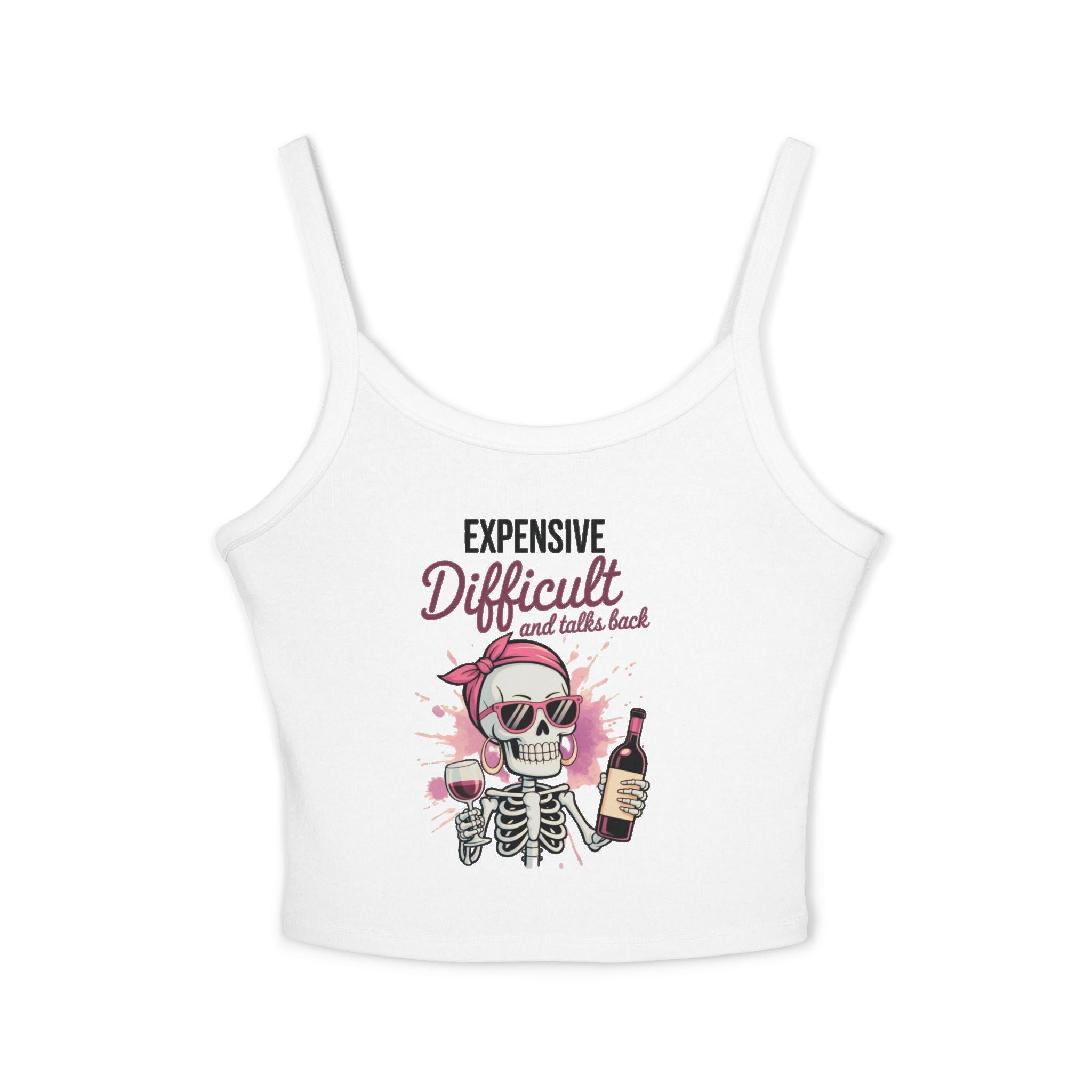 Funny Skeleton Wine Tank Top – Expensive Difficult Graphic Tee, Sassy Women’s Crop Tank, Wine Lover Shirt