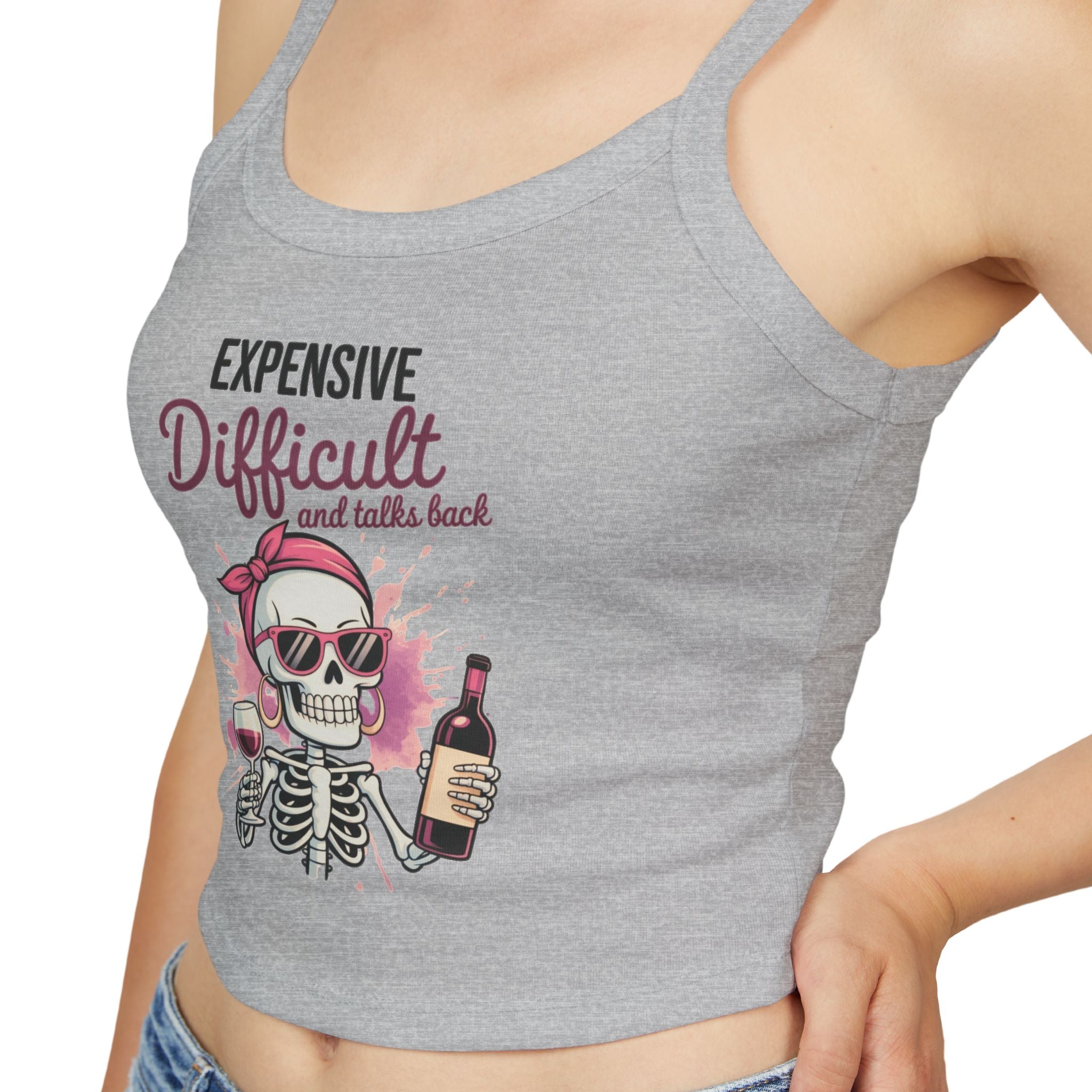 Funny Skeleton Wine Tank Top – Expensive Difficult Graphic Tee, Sassy Women’s Crop Tank, Wine Lover Shirt