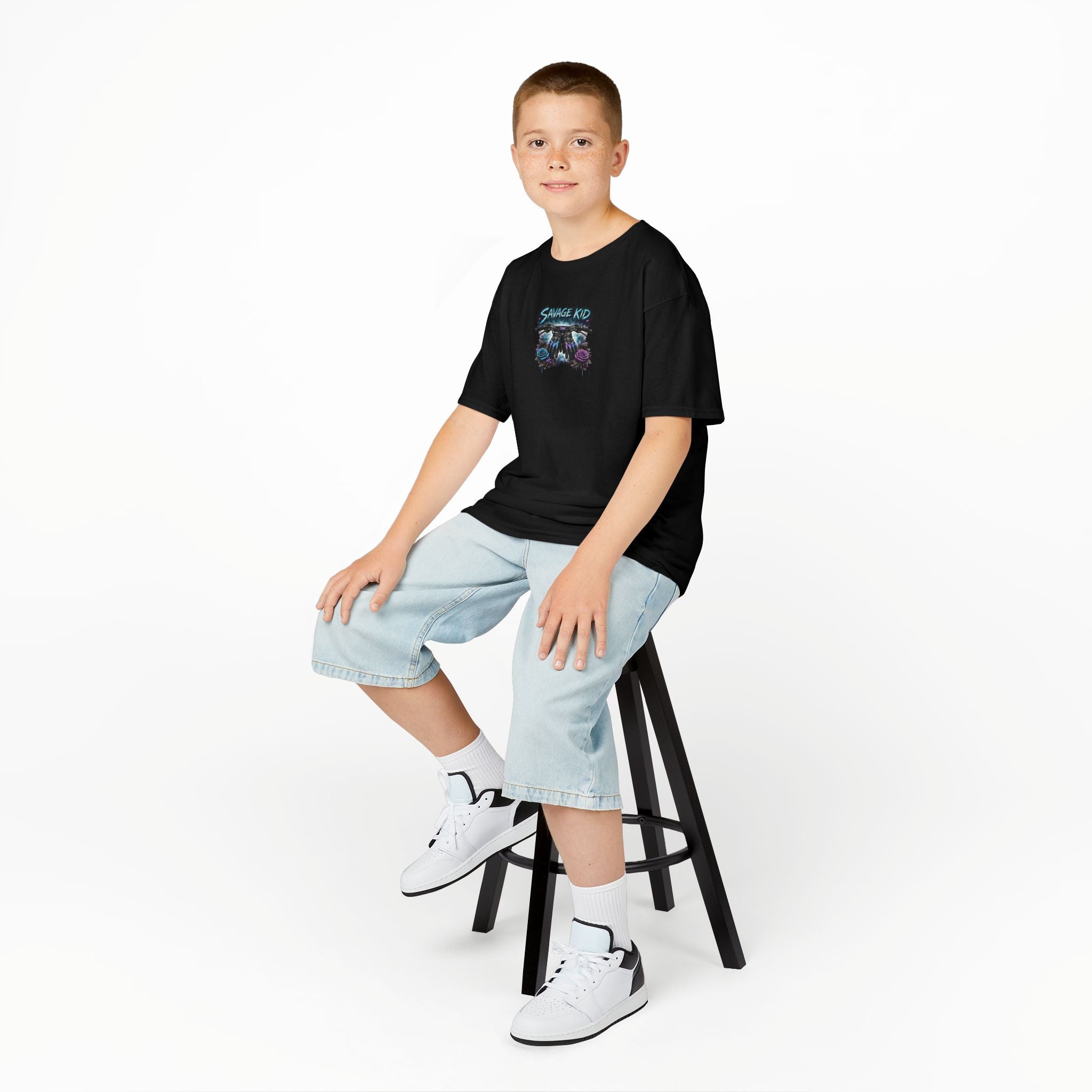 Kids Tee — "Savage Kid" Retro Skull Graphic Shirt