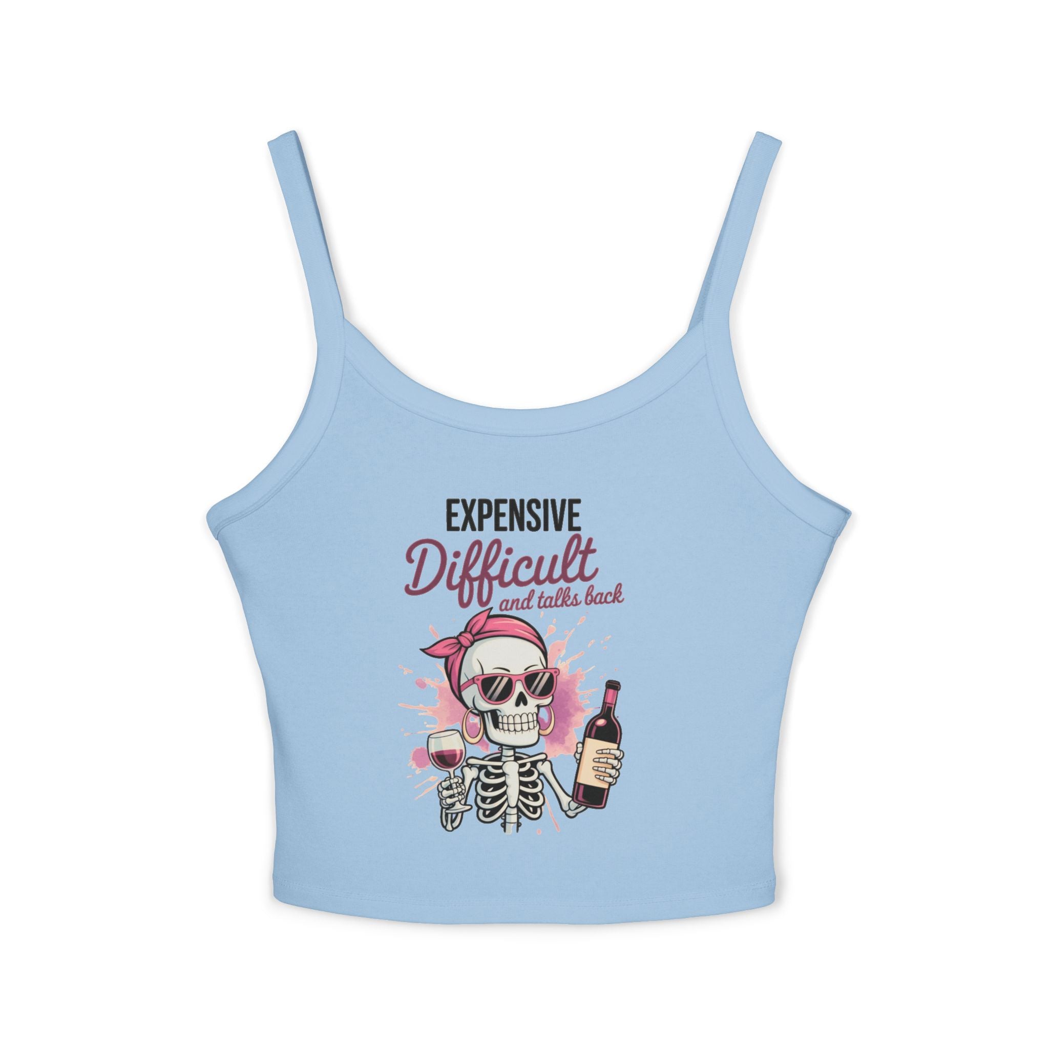 Funny Skeleton Wine Tank Top – Expensive Difficult Graphic Tee, Sassy Women’s Crop Tank, Wine Lover Shirt