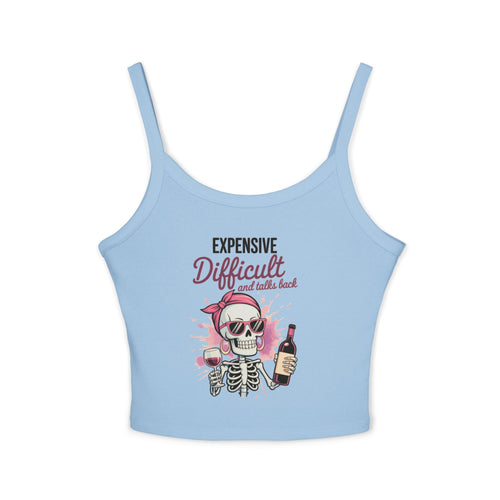 Funny Skeleton Wine Tank Top – Expensive Difficult Graphic Tee, Sassy Women’s Crop Tank, Wine Lover Shirt