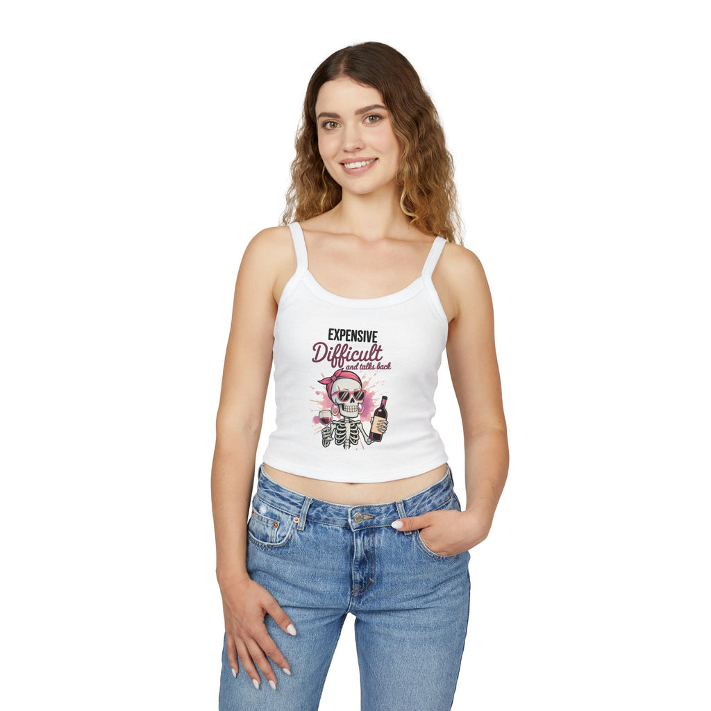 Funny Skeleton Wine Tank Top – Expensive Difficult Graphic Tee, Sassy Women’s Crop Tank, Wine Lover Shirt