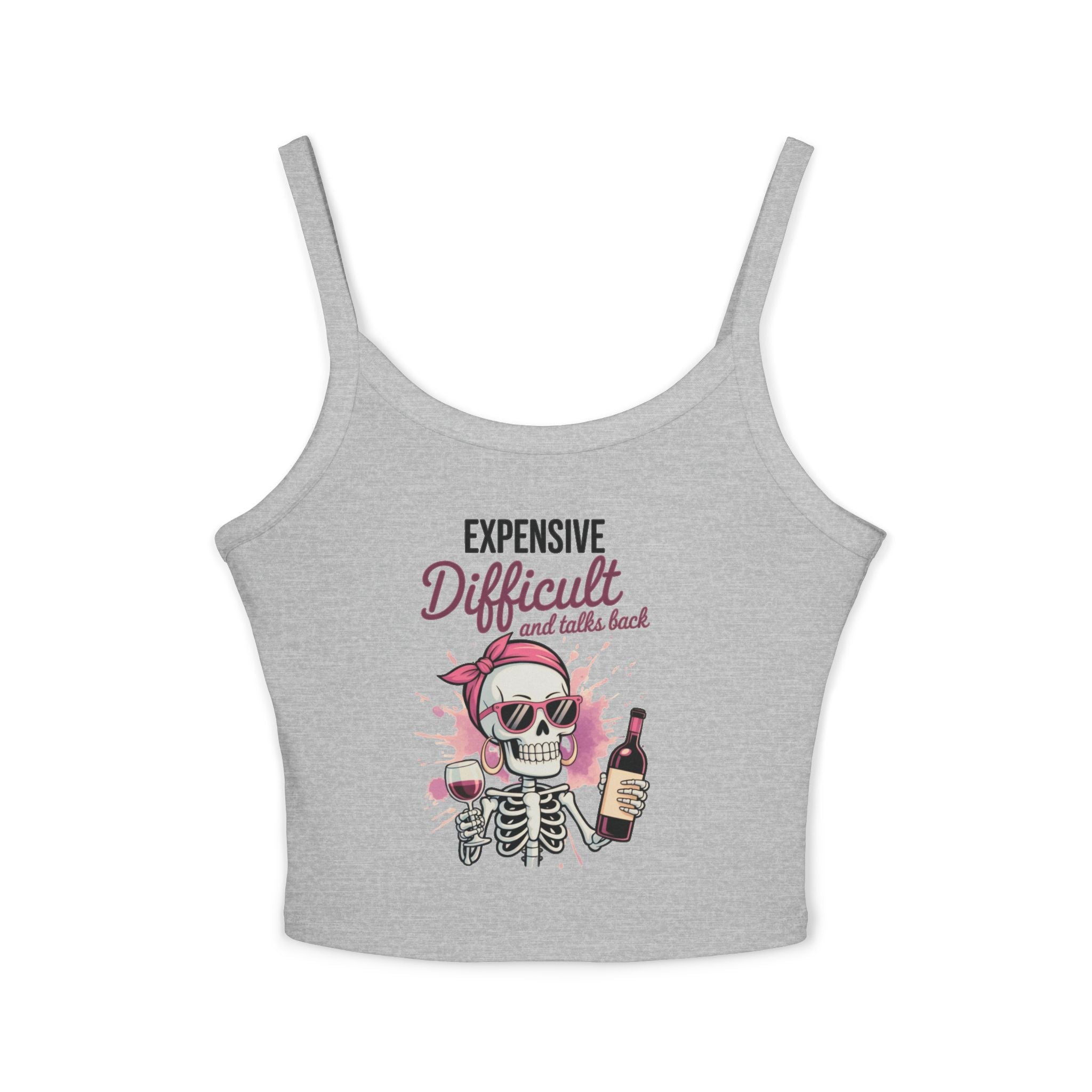 Funny Skeleton Wine Tank Top – Expensive Difficult Graphic Tee, Sassy Women’s Crop Tank, Wine Lover Shirt