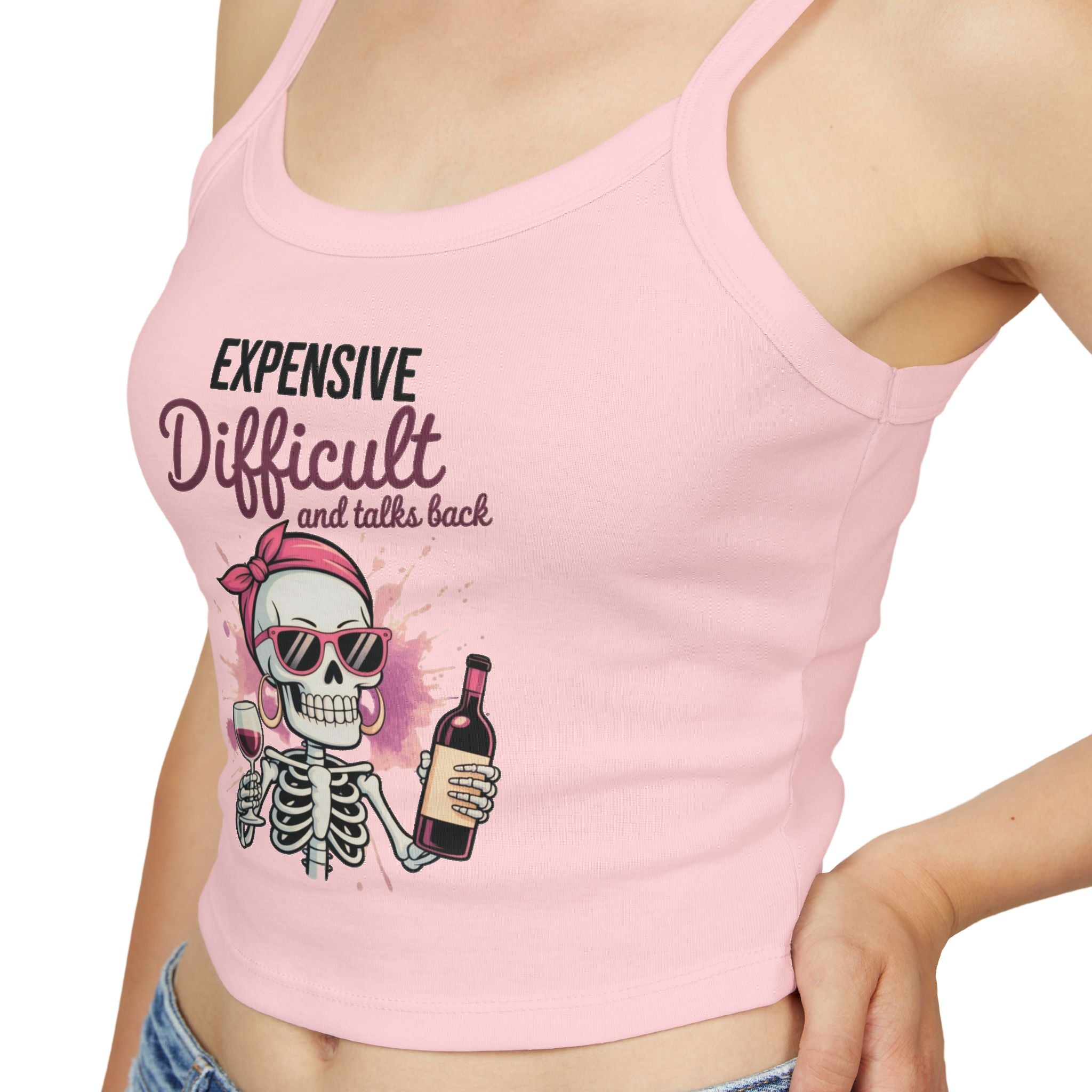 Funny Skeleton Wine Tank Top – Expensive Difficult Graphic Tee, Sassy Women’s Crop Tank, Wine Lover Shirt