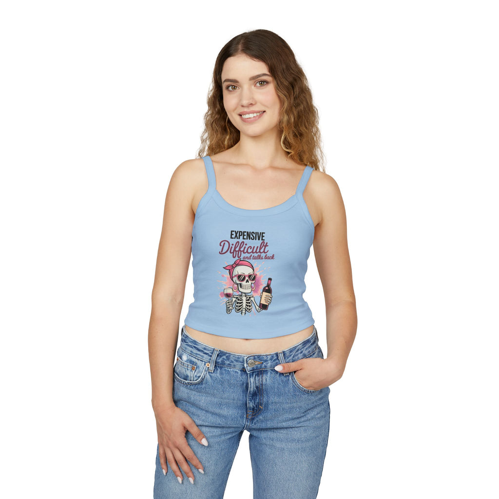 Funny Skeleton Wine Tank Top – Expensive Difficult Graphic Tee, Sassy Women’s Crop Tank, Wine Lover Shirt